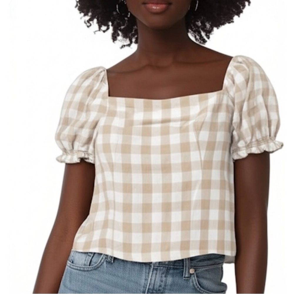 Abercrombie & Fitch Beige and White Gingham Puff-Sleeve Crop Top Size XS